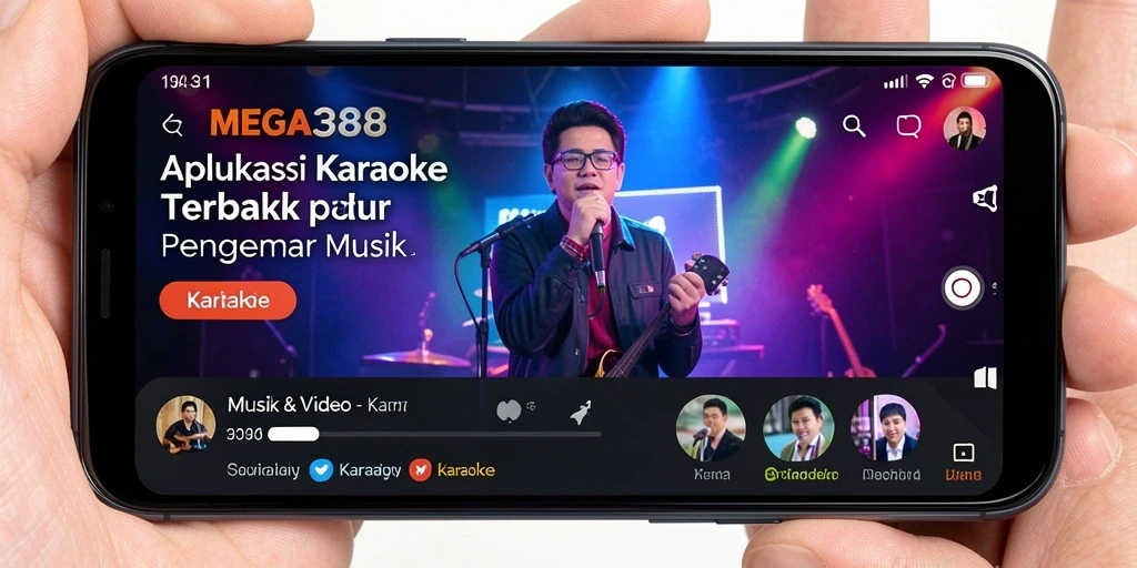 Antarmuka MEGA388 dengan lirik dan kategori lagu karaoke.